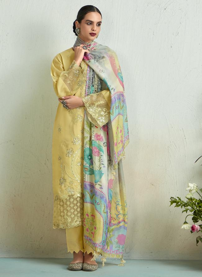 Pure Muslin Yellow Traditional Wear Embroidery Work Salwaar Suit